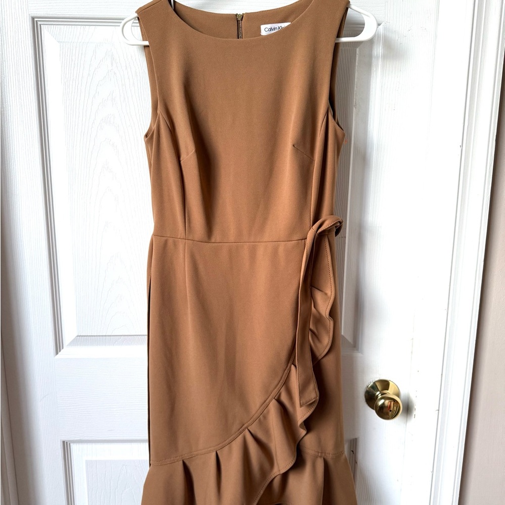 Calvin Klein Tan Asymmetrical Ruffled Sheath Dress